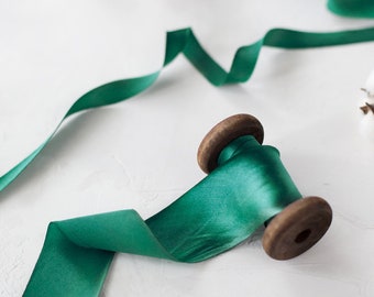 Wintergreen Bias-Cut Hand-Dyed Silk Charmeuse Ribbon • 1/2" • 5/8" • 1" •  1.5" • 2.5"