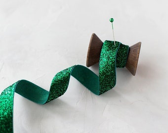 Emerald Green Sparkle Tinsel Ribbon • 1/4" • 3/8" • 5/8" • 3/4" • 1.5"