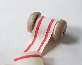 Red + Natural Double Stripe Cotton Blend Ribbon • 5/8" • 1.5"