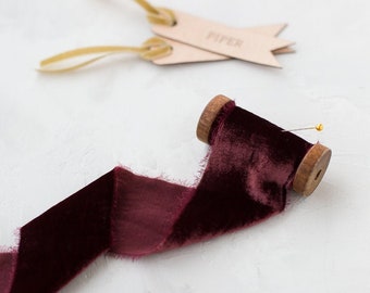 Deep Wine Hand-Dyed Frayed Edge Silk Velvet Ribbon • 1-3/8" • 2" (1 yard)