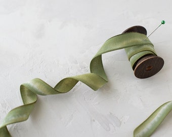 Mossy Green Variegated Hand-Dyed Cotton Ribbon • 5/8"