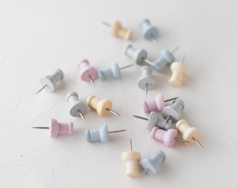 Punaises en bois peint en pastel • 20 pièces • Gris / Bleu gris / Lavande rose / Naturel