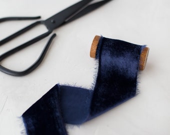 Navy Blue Hand-Dyed Frayed Edge Silk Velvet Ribbon • 1-3/8" • 2" (1 yard)