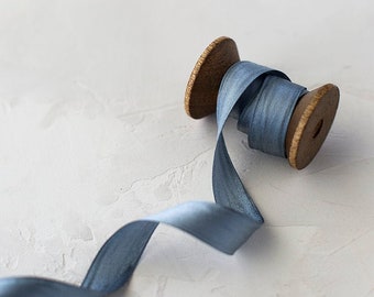 Slate Blue Gray Hand-Dyed Double Faced Silk Satin Ribbon • 5/8" • Limited Edition