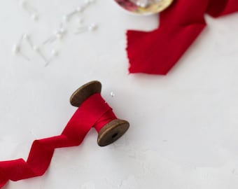 Classic Red Bias-Cut Dupioni Silk Ribbon • 3/4" • 2"