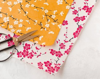 Blossom Handmade Lokta Wrapping Paper Sheets w/ Deckled Edges • 2 sheets • Natural on Mustard Yellow / Pink on Natural