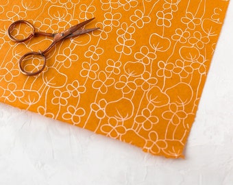 White Floral Sketch on Orange Lokta Handmade Wrapping Paper Sheets w/ Deckled Edges • 2 sheets