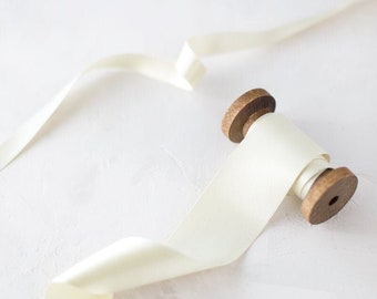 Ivory Cream Silk Satin Ribbon: Double-Faced, Woven Edge • 1/8" • 1/4" • 3/8" • 1/2" • 5/8" • 3/4 • 1" • 1.5" • 2"
