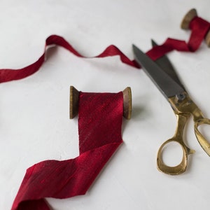 Deep Scarlet Red Bias-Cut Dupioni Silk Ribbon • 3/4" • 2"