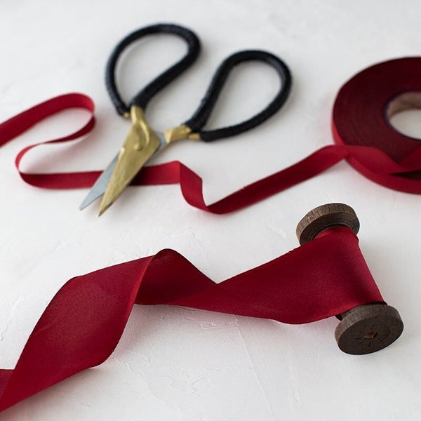 Deep Red Bias-Cut Hand-Dyed Silk Charmeuse Ribbon • 1/2" • 5/8" • 1" •  1.5" • 2.5"