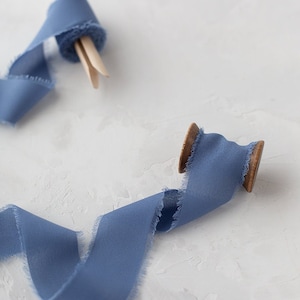 Smoke Blue Frayed Edge Faux Silk Chiffon Ribbon • 1.5&quot; • 5 yards on wood peg