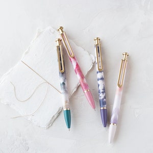 Pink + Purple + Green Marble Dye Ballpoint Black Ink Pen Set w/ Gold Accents