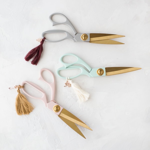 Pastel Painted Metal Crafting Scissors w/ Gold Details + Tassel + Charm • 7-3/4" • Gray Taupe / Mint Green / Blush Pink