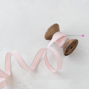 Petal Pink + Silver Metallic Edge Italian Cotton Ribbon • 3/8&quot;