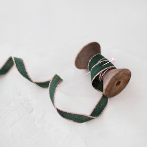 Forest Green + Rose Gold Metallic Edge Italian Cotton Ribbon • 3/8&quot;
