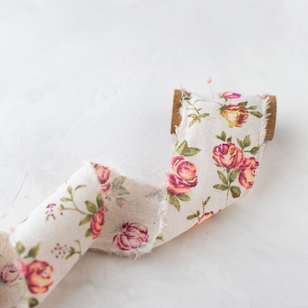 Pink Floral Natural Linen-Cotton Blend Frayed Ribbon • 2.5"