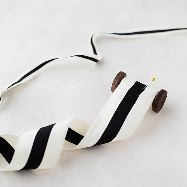 Cream + Black Bold Stripe Grosgrain Ribbon • 5/8” • 2"