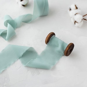 Seafoam Jade Green Hand-Dyed Frayed Edge Crepe de Chine Silk Ribbon • 5/8&quot; • 1.25&quot; • 2&quot;