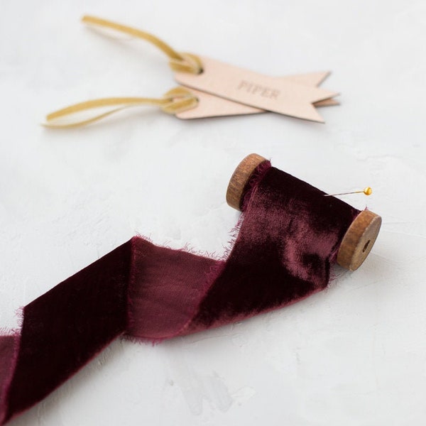 Deep Wine Hand-Dyed Frayed Edge Silk Velvet Ribbon • 1-3/8" • 2" (1 yard)
