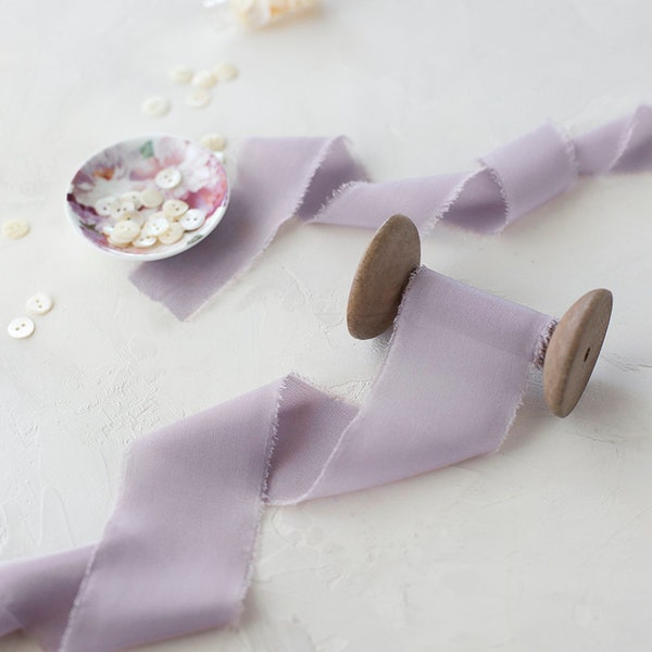 Dusty Purple Hand-Dyed Frayed Edge Crepe de Chine Silk Ribbon • 5/8" • 1.25" • 2"