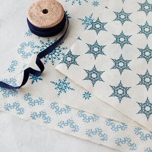 Blue Snowflake Lokta Handmade Recycled Seeded Wrapping Paper: 2 Sheets, Deckled Edge