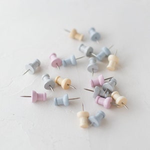Pastel Painted Wood Push Pins • 20 pc • Gray / Blue Gray / Lavender Rose / Natural