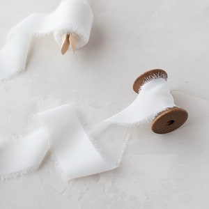 White Frayed Edge Faux Silk Chiffon Ribbon • 1.5&quot; • 5 yards on wood peg