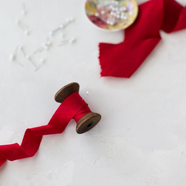 Classic Red Bias-Cut Dupioni Silk Ribbon • 3/4" • 2"