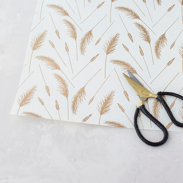 Gold Metallic Wheat on White • Handmade Recycled Cotton Wrapping Paper • 2 sheets