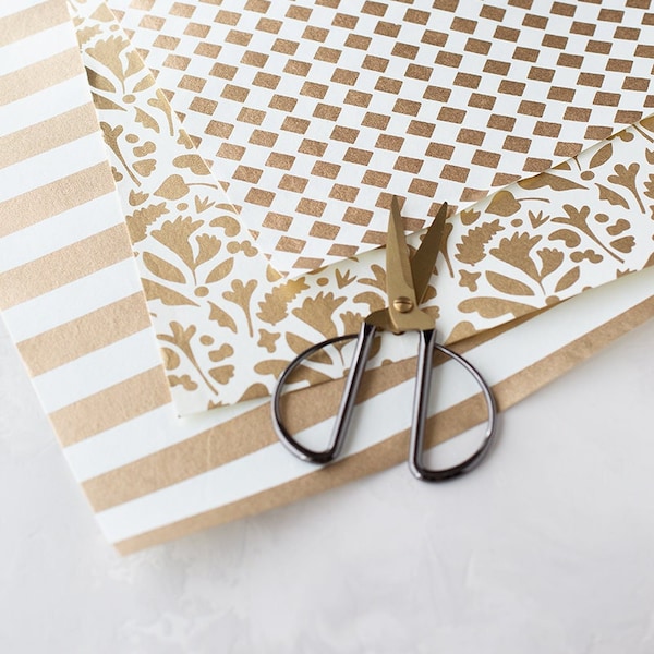 Metallic Gold Pattern on Cream • Handmade Recycled Cotton Wrapping Paper • 2 sheets • Check / Floral / Stripe