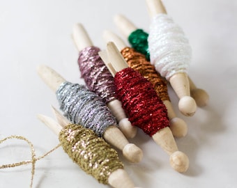 Metallic Glitter String on Wood Peg • 10 yards • Gold / Silver / Lavender Rose / Red / Iridescent White