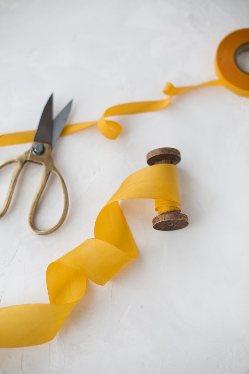 Mustard Marigold Bias-Cut Hand-Dyed Silk Ribbon 1/2 5/8 1 1.5 2.5 image 1