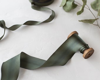 Mossy Forest Green Variegated Bias-Cut Silk Charmeuse Ribbon: Hand-Dyed, Raw Edge • 1/2" • 5/8" • 1" •  1.5" • 2.5"