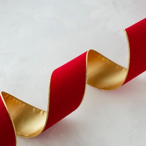 Red Velvet Wired Ribbon W/ Gold Metallic Lamé Backing 10 Yards 2-1/2 4 