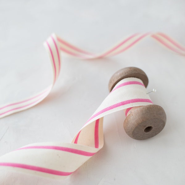 Pink + Natural Double Stripe Cotton Blend Ribbon • 5/8" • 1.5"