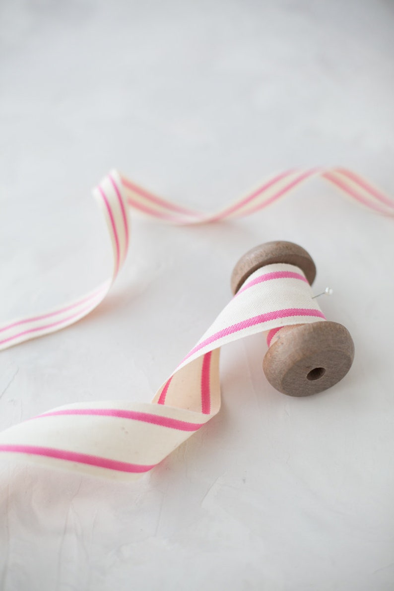 Pink Natural Double Stripe Cotton Blend Ribbon 5/8 1.5 image 1