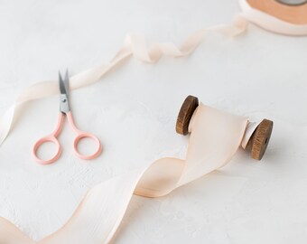 Champagne + Peach Variegated Bias-Cut Silk Charmeuse Ribbon: Hand-Dyed, Raw Edge • 1/2" • 5/8" • 1" •  1.5" • 2.5"