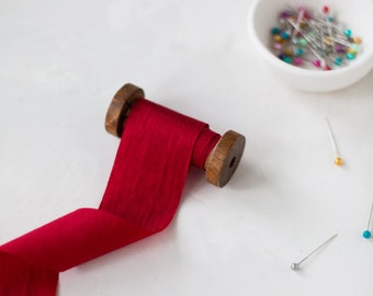 Red Wrinkled Faux Dupioni Silk Ribbon • 1/2" • 1" • 1.5" • 2.5"