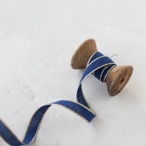 Marineblau + Gold Metallic Rand Italienisches Baumwollband • 3/8 "