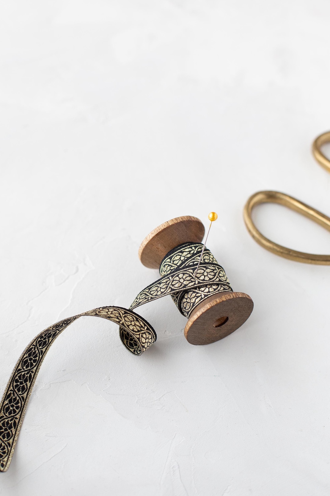 Black + Gold Metallic Floral Mirrored Jacquard Ribbon Trim • 1/2