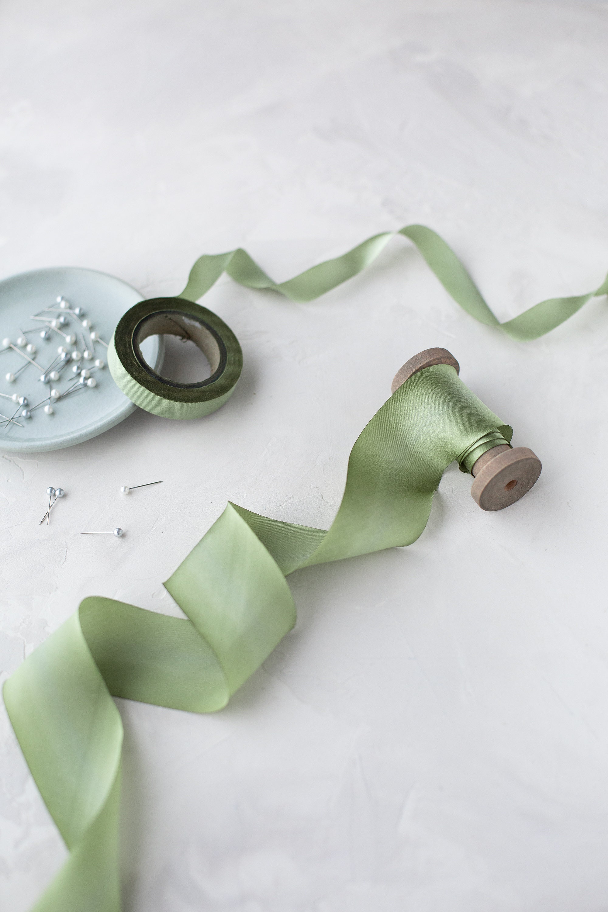 Spring Sage Green Variegated Bias-Cut Hand-Dyed Silk Charmeuse Ribbon • 1/2" • 5/8" • 1" •  1.5"