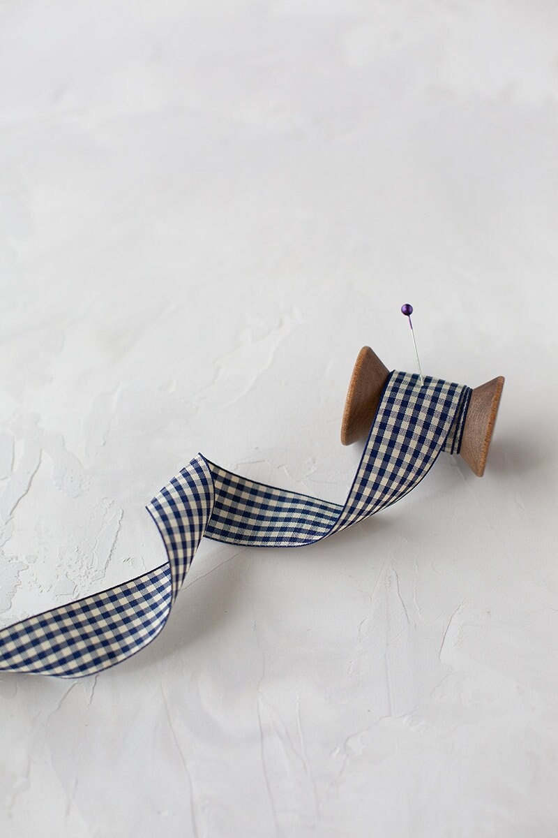 2.5 inch Navy Blue & Tan Big Check Gingham Ribbon - 10 Yards