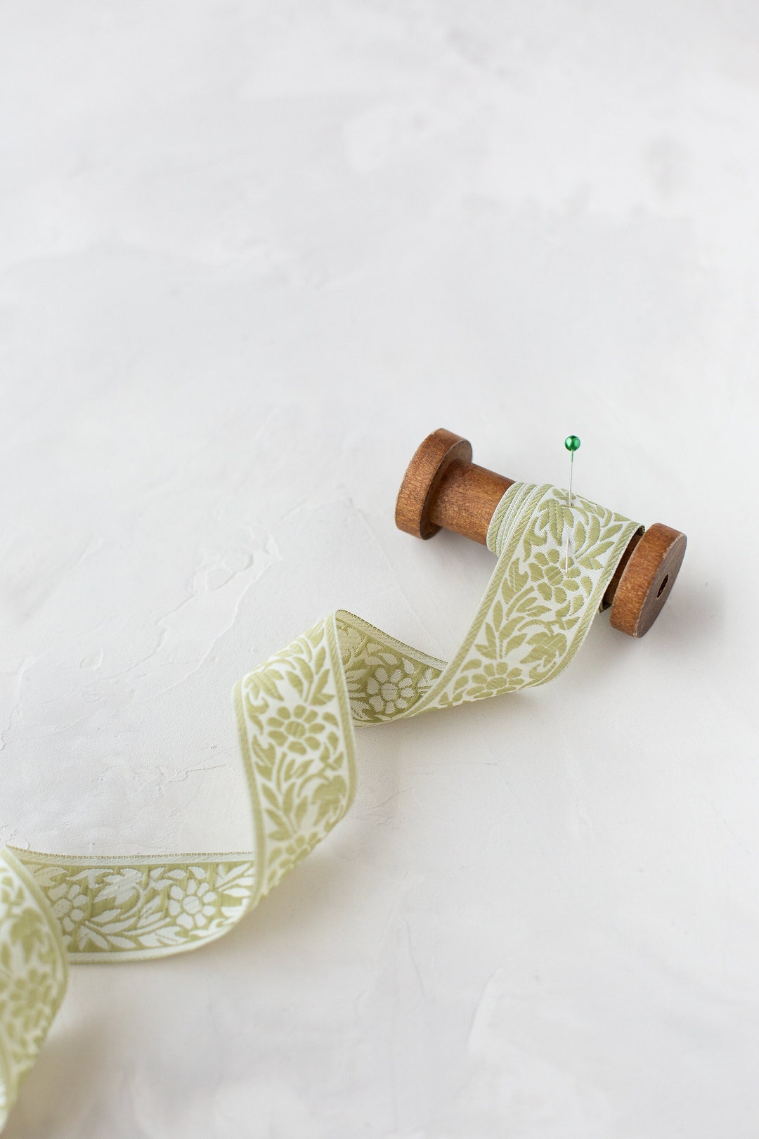 Sage Green + Cream Floral Mirrored Woven Jacquard Ribbon • 1.18