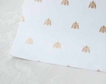 Gold Metallic Bee on White • Handmade Recycled Cotton Wrapping Paper • 2 sheets