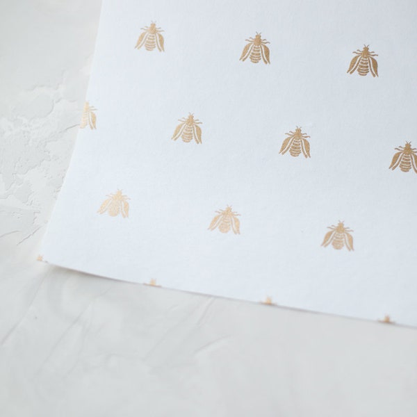 Gold Metallic Bee on White • Handmade Recycled Cotton Wrapping Paper • 2 sheets