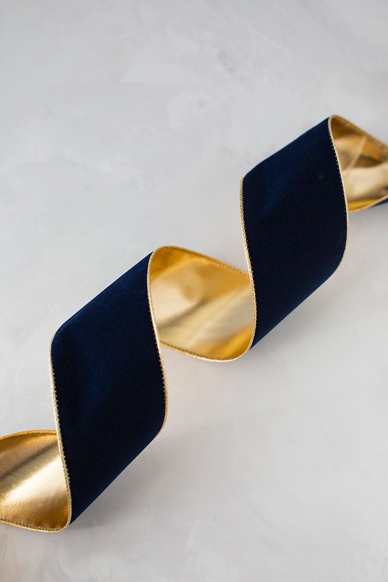 2.5 Crushed Velvet Ribbon: Deep Blue/Gold - 10yds