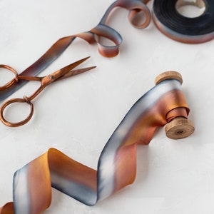 Deep Blue Copper Rust Variegtaed Bias-Cut Silk Charmeuse Ribbon: Hand-Dyed, Raw Edge • 1/2&quot; • 5/8&quot; • 1&quot; •  1.5&quot; • 2.5&quot;