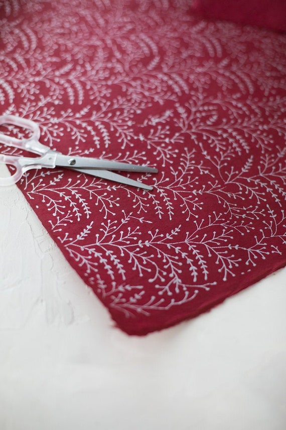 Metallic Silver Berry Sprig Burgundy Red Handmade Wrapping Paper Sheets W/  Deckled Edges 2 Sheets 