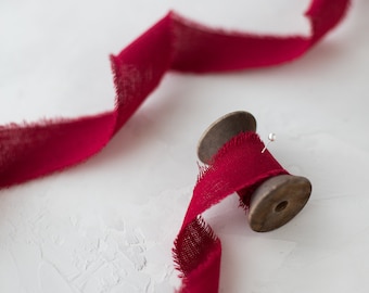 Scarlet Red Linen-Cotton Blend Frayed Edge Ribbon • 1" • 1.5"