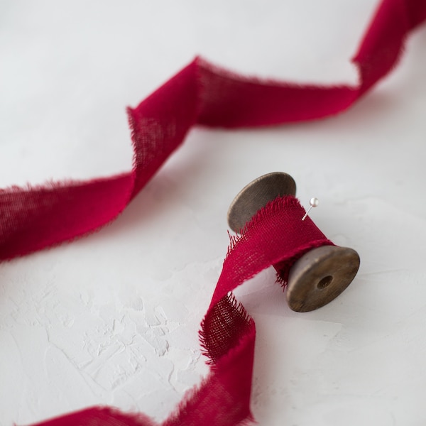 Scarlet Red Linen-Cotton Blend Frayed Edge Ribbon • 1" • 1.5"